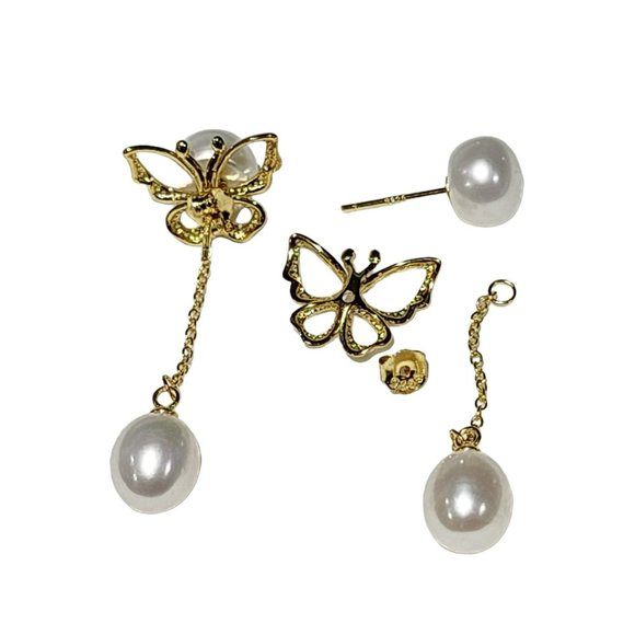 White Cultured Freshwater Pearl Dangle Jacket Butterfly Earrings Gold Plated‎ - Picture 6 of 13